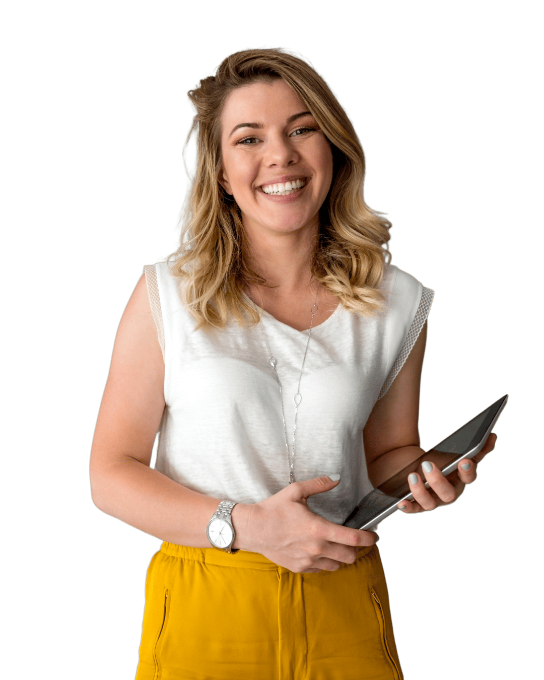 Mulher sorridente segurando um tablet, representando a persona da página "Entre em Contato".